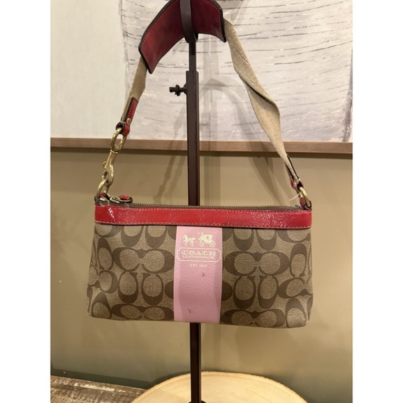 Coach Brown Heritage Jacquard Pink Stripe Red Hobo Shoulder Bag Y2K - Picture 1 of 10